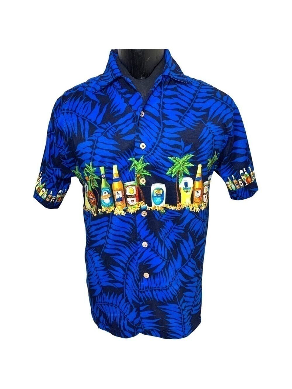 Maui Hawaii Vintage Blue Black Tropical Casual Button Up Shirt Drinks Prints S
